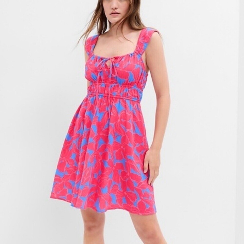 Gap Dress Womens Size M Pink Blue Cotton Gauze Floral Smocked Mini Fit & Flare